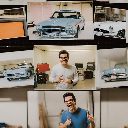Screenshots from Tai Lopez's 'Here in My Garage' video, featuring him in a luxurious setting with cars and books in the background, symbolizing his message of combining material success with knowledge acquisition.